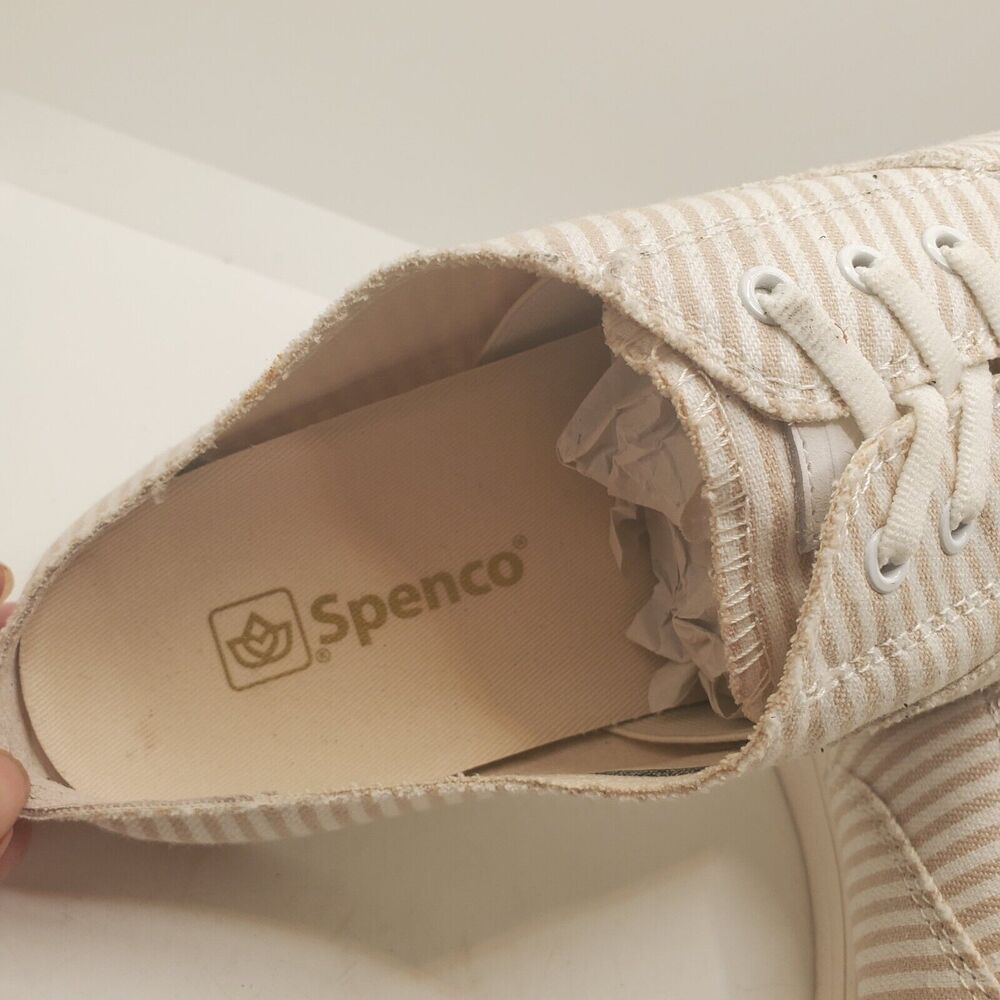 Spenco Orthotic 7.5 Tan Stripe Canvas Slip-On Sneaker Mules Santa Rosa New - Picture 9 of 9